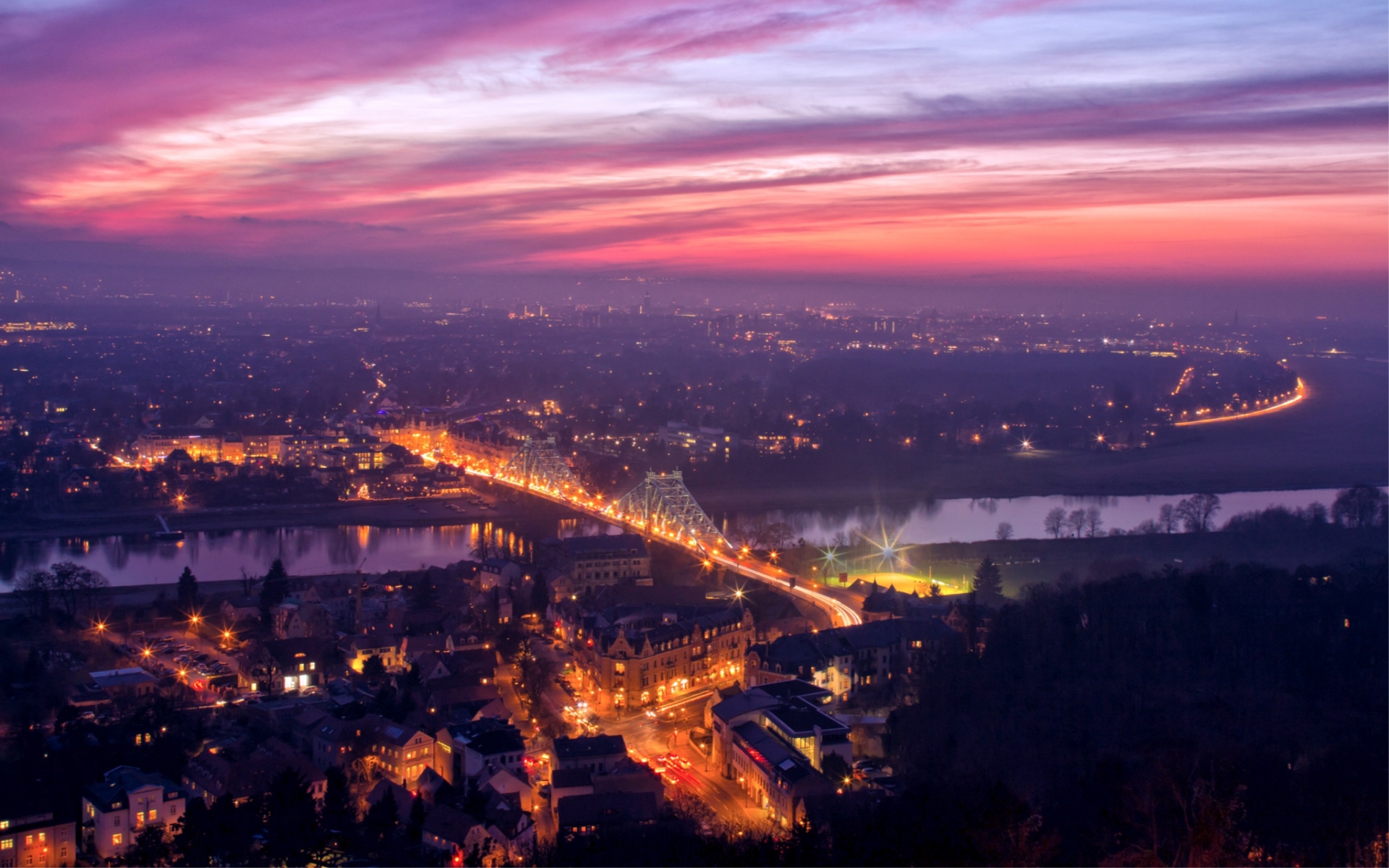 Картинки Dresden, germany, мост, огни, река, elbe, вечер, оранжевый, закат, вид, возвышение, фото и обои на рабочий стол