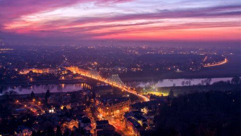 Dresden, germany, мост, огни, река, elbe, вечер, оранжевый, закат, вид, возвышение,