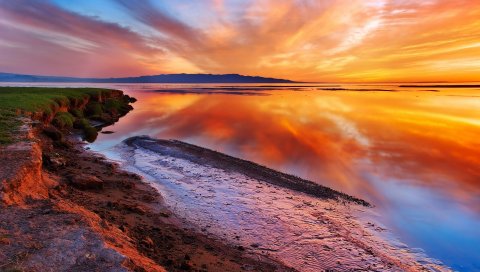 Берег, земля, оранжевый, свет, море, вода, отражение, вечер, ярко