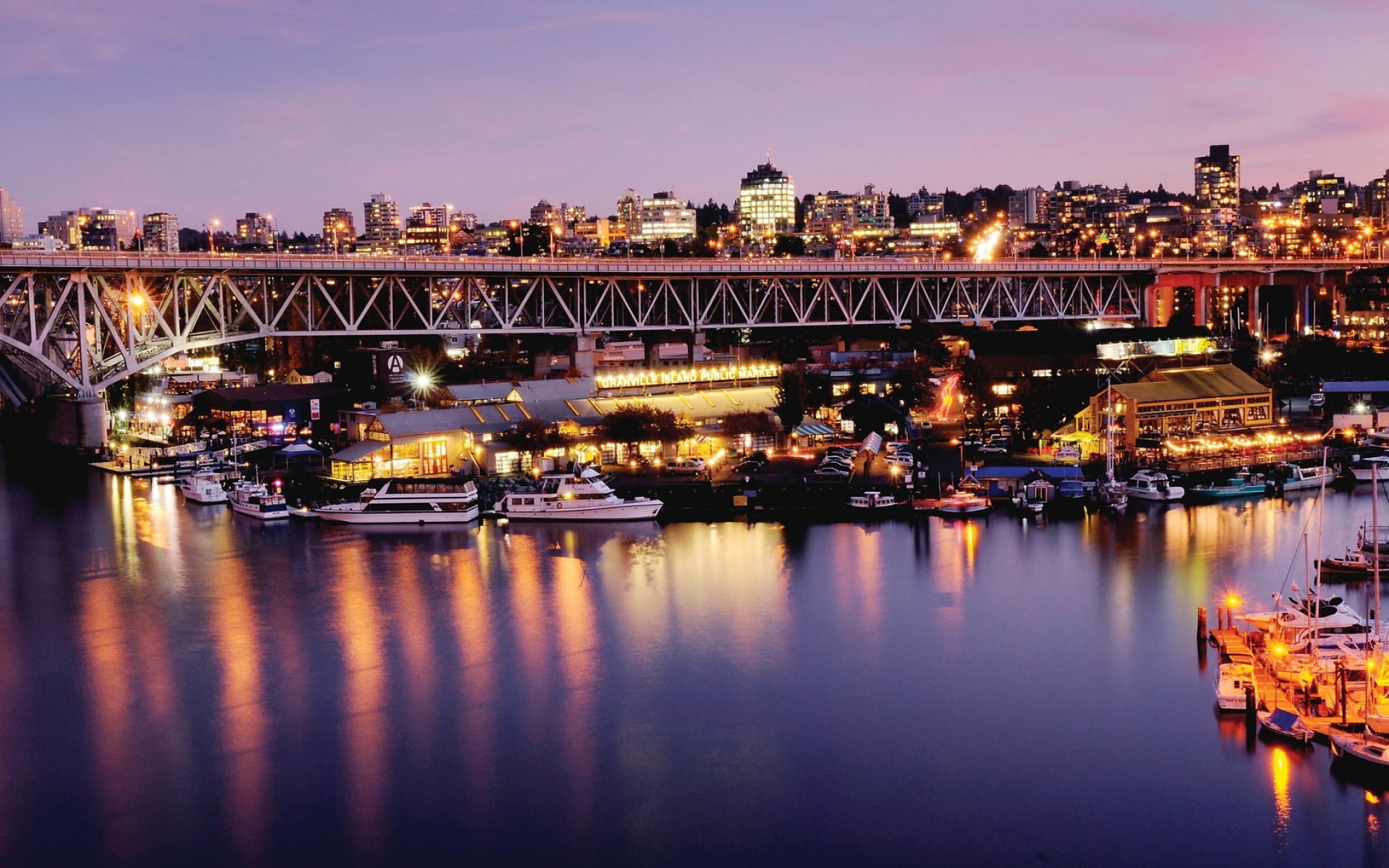 Картинки Канада, Ванкувер, город, мост, пирс, лодка фото и обои на рабочий стол