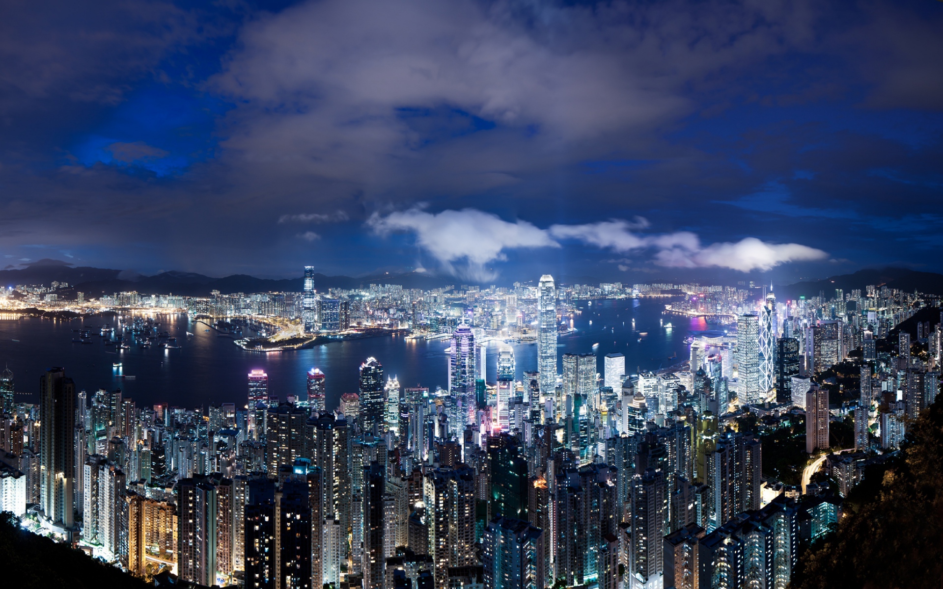 Картинки Hong kong, china, night, metropolis, небоскребы, огни, синий, небо, облака, фото и обои на рабочий стол