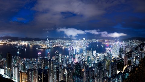 Hong kong, china, night, metropolis, небоскребы, огни, синий, небо, облака,