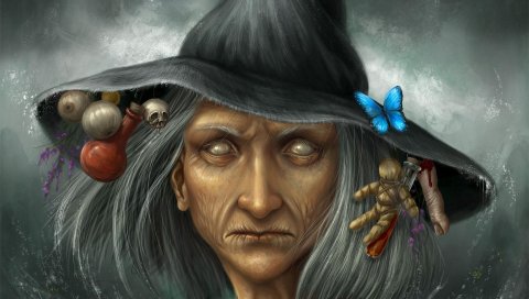 Ведьма, шляпа, лицо, волосы, ингредиенты