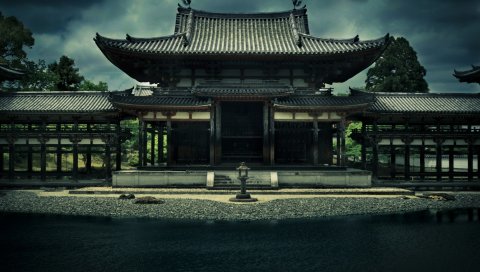 храм, феникс ансамбль, Bedoin, Япония, Киото, архитектура, строительство, пруд, деревья, пасмурно, небо