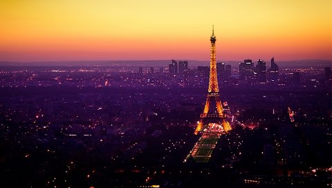 Париж, Франция, Эйфелева башня, закат, огни