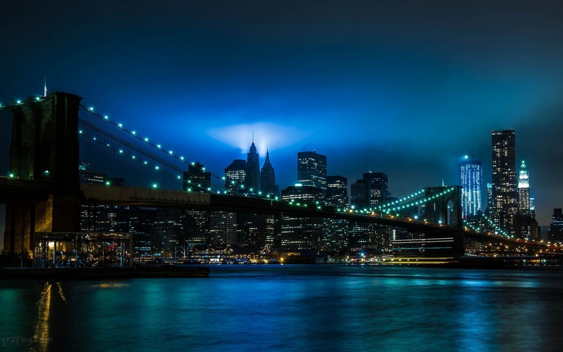 Картинки город, ночь, огни, река, мост, Бруклин, Нью - Йорк фото и обои на рабочий стол