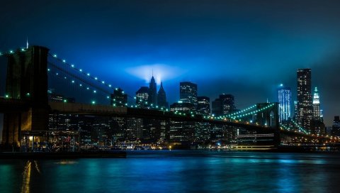 город, ночь, огни, река, мост, Бруклин, Нью - Йорк