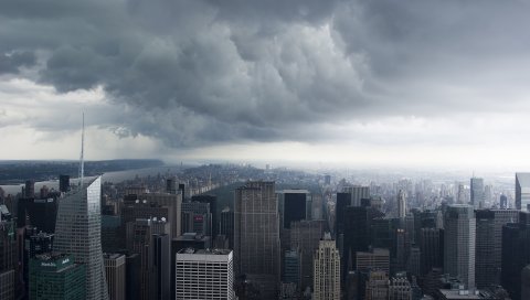 Нью - Йорк, США, небо, небоскребы, туман