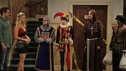 Теория Большого взрыва, актеры, маскарад, вечеринка, костюм, sheldon, leonard, howard, penny, raj, вход