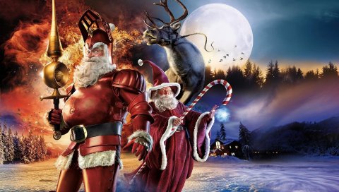 Санта-Клаус, персонажи, олень, полная луна, огонь