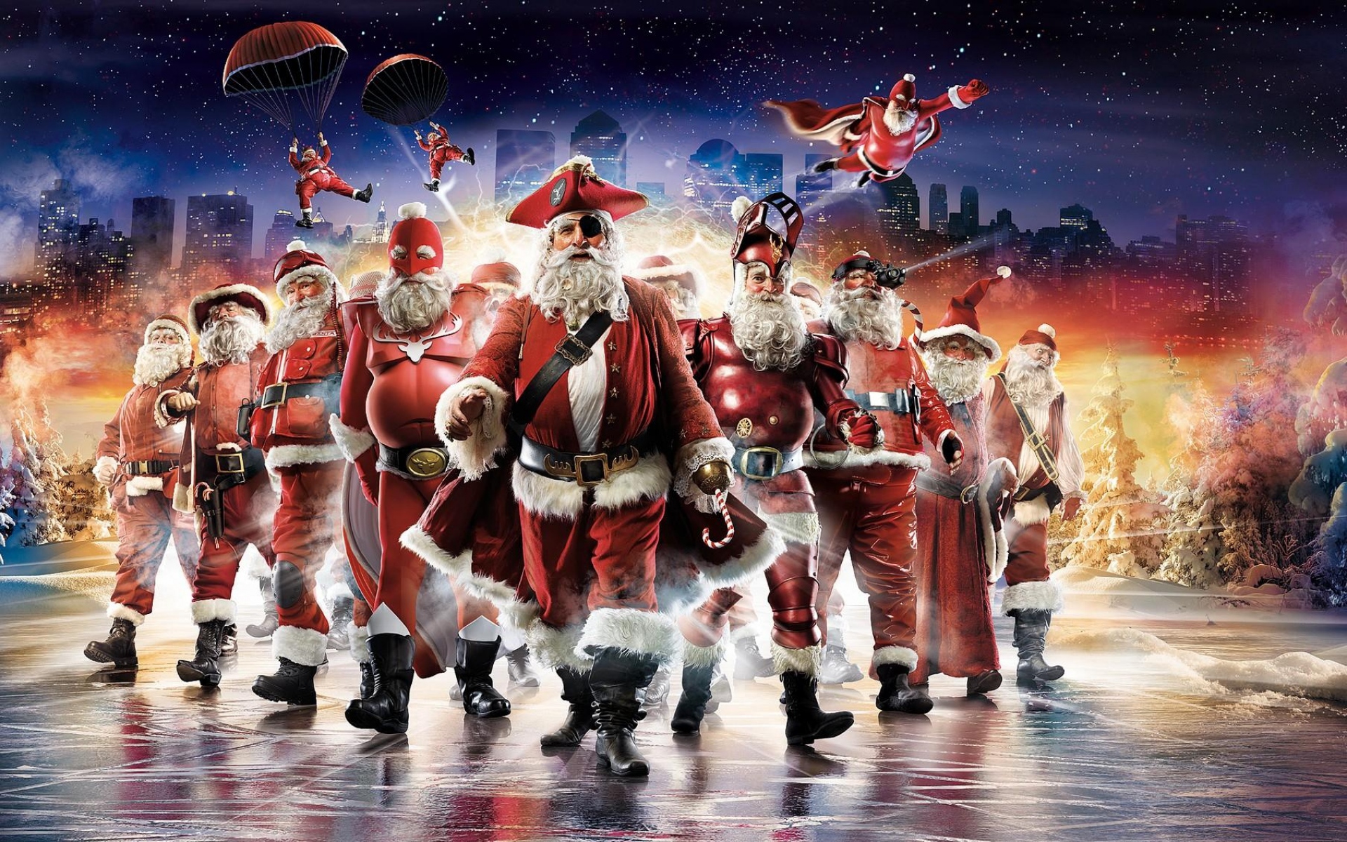 Картинки Санта-Клаус, герой, город, дорога, ночь, праздник фото и обои на рабочий стол