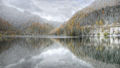 Озеро, зима, снег, иней, прохладный, отражение, рябь
