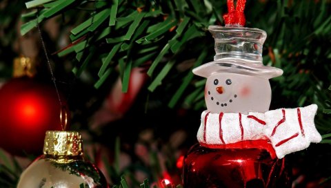 Снеговик, рождественские украшения, ветка, дерево