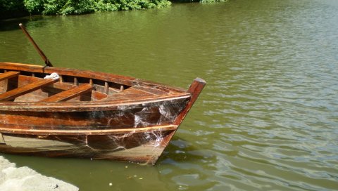 Лодка, берег, весла, вода, отражения, солнечно