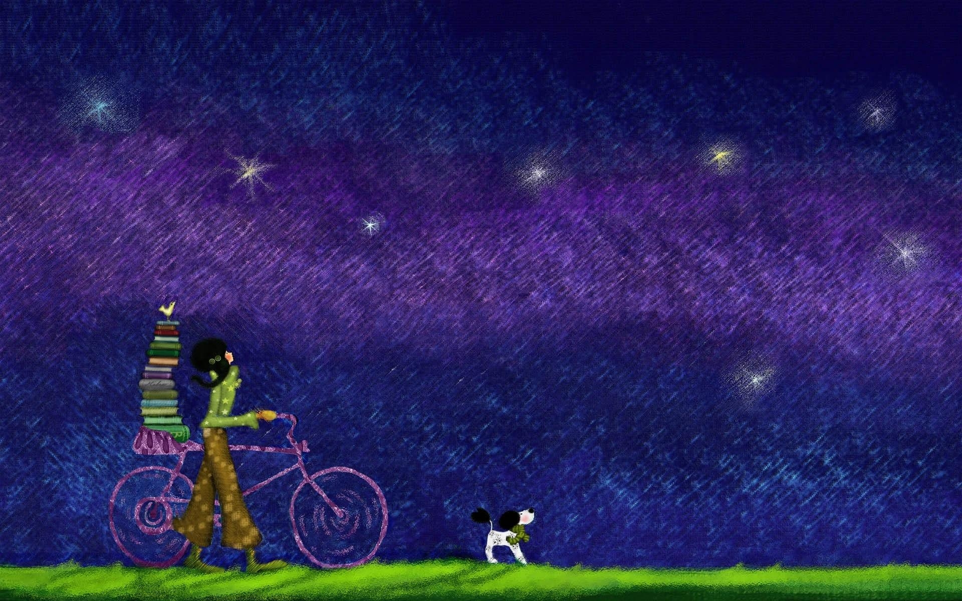 Картинки Девушка, велосипед, книги, собака, трава, небо, вечер фото и обои на рабочий стол