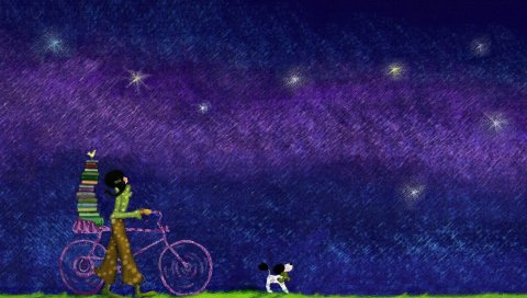 Девушка, велосипед, книги, собака, трава, небо, вечер