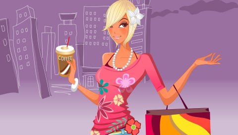 Девушка, магазины, кофе, напитки, прогулки, улица