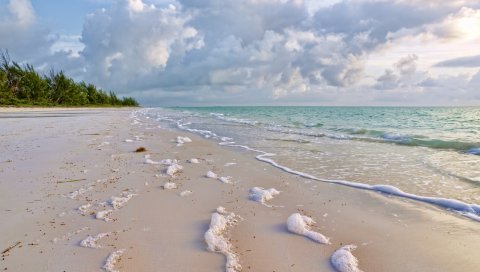 Пена, море, песок, мокрые, облака, серфинг, шепот