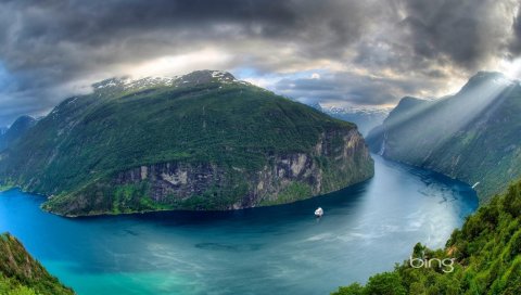 Горы, река, облачно, облака, свет, синяя вода, петля