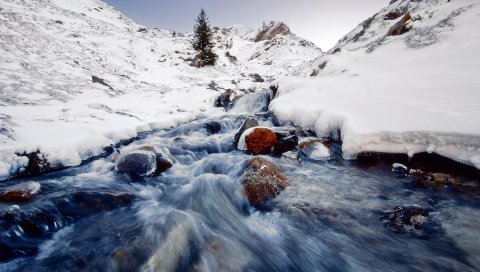 Река, гора, текущий, снег, зима, холод