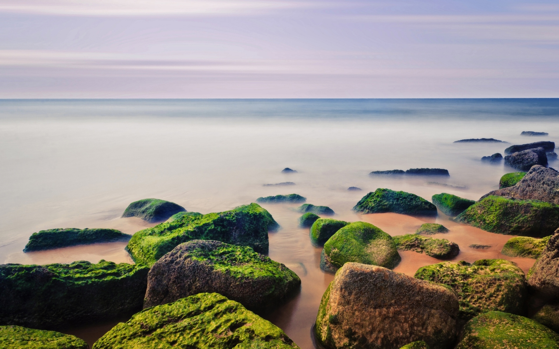 Картинки Камни, мох, вода, море, горизонт, линия фото и обои на рабочий стол