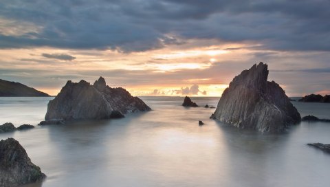 Скалы, море, вуаль, тишина, вечер, небо