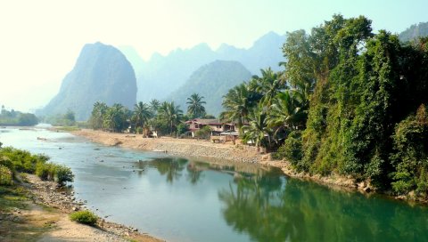 Лаос, тропики, пальмы, река, хижины