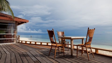 Стулья, стол, двор, побережье, пляж, тропики, терраса