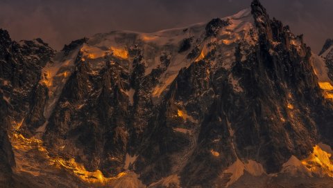 Горы, мрачный, блеск, желтый, снег