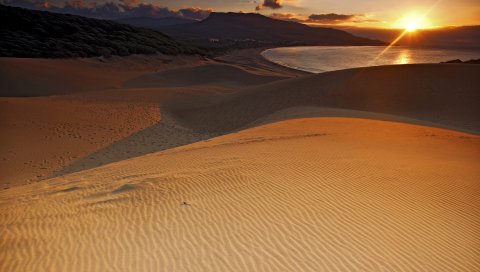 Песок, закат, солнце, диск, вода