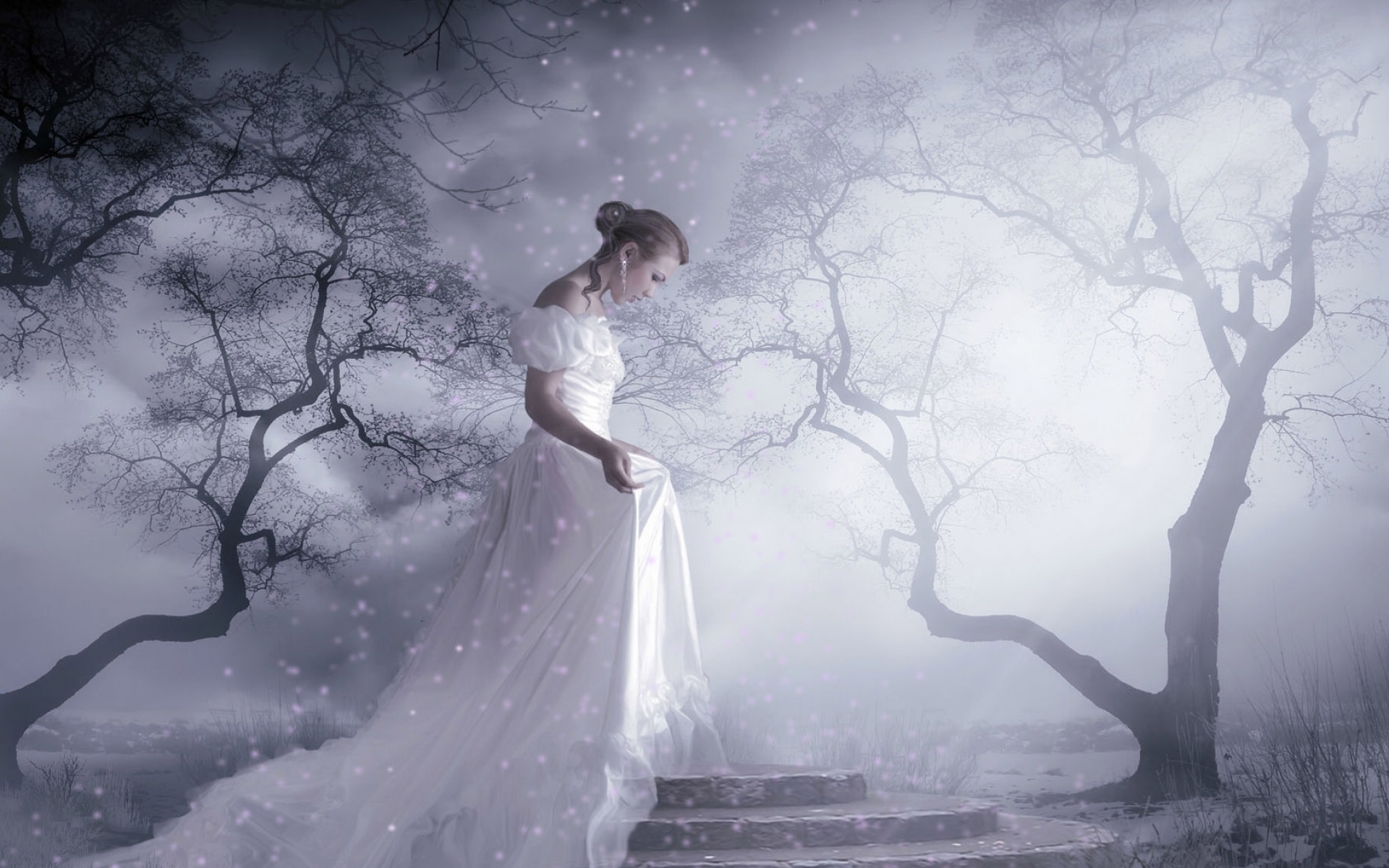 Одиночество венец. Мистические женщины белые. Девушка в тумане. Невеста фэнтези. Девушка в белом платье.