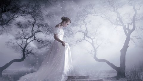 Девушка, платье, лес, прогулки, туман