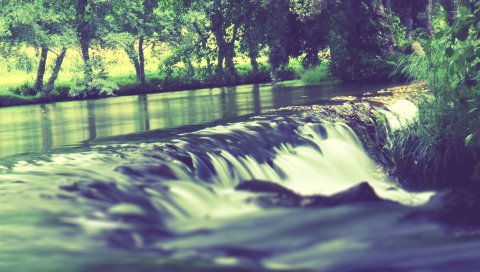 Река, вода, деревья, краски, краски