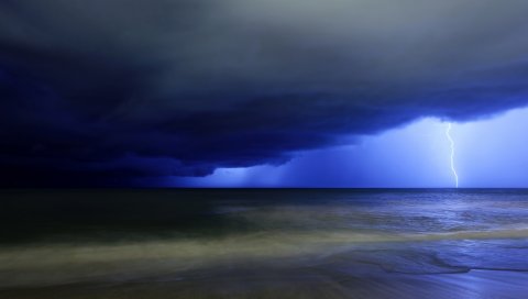 Молния, удар, небо, темно-синий, мрачный, облака, буря, море