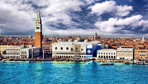 Венеция, Италия, здания, река, вид сверху, яркие цвета