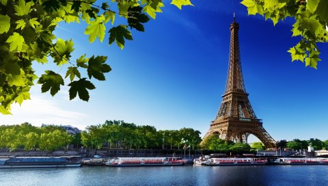 Paris, Эйфелева башня, Франция, река, пляж, деревья