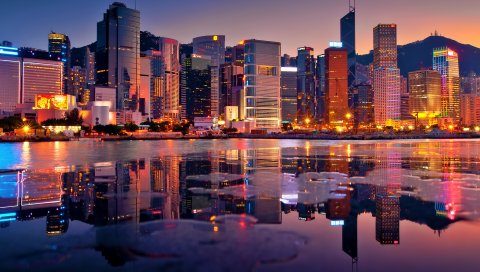 Hong kong, здания, залив, небоскребы, закат, hdr