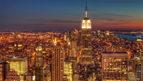 Америка, США, ночь, небоскребы, вид сверху, hdr
