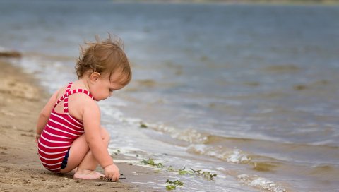 Ребенок, пляж, море, сидеть, играть, скалы, песок