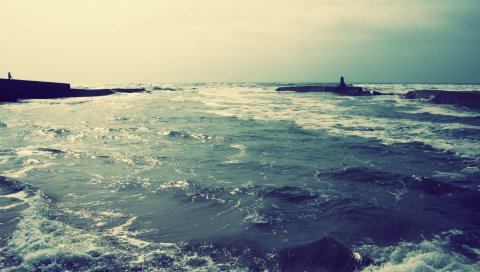 море, волны, пена, темно - синий, цвета, краски, мол, люди