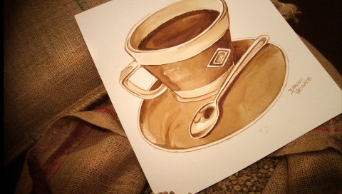рисунок, чашка, кофе, кофе в зернах