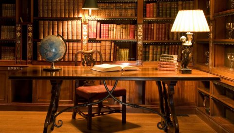 Кабинет, стол, книга, глобус, лампа, книги, библиотека