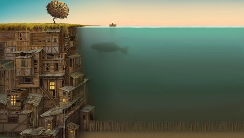 Многоэтажный, под водой, кит, импровизация, дно, дерево