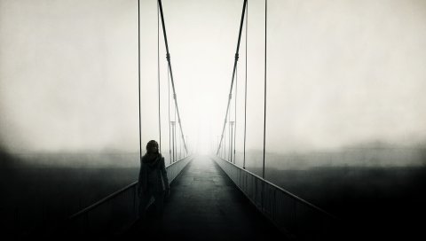Мост, человек, туман, ходьба, одиночество, свобода
