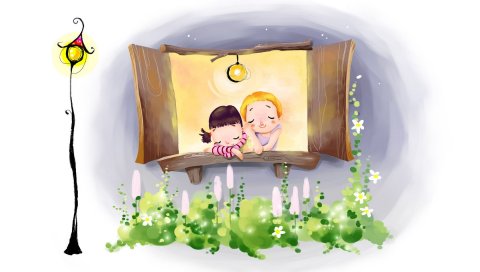 Рисунок, окно, комфорт, пара, огни, цветы