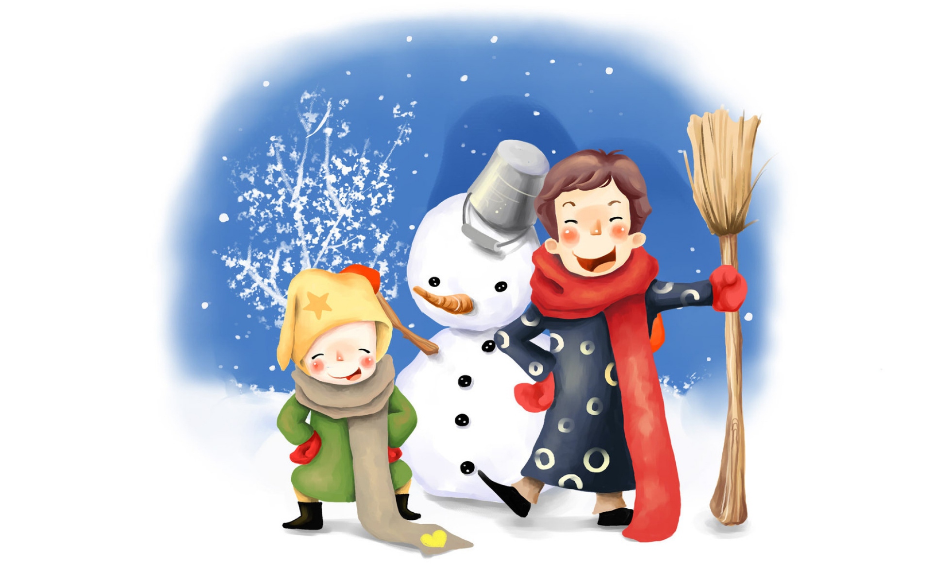 Картинки Рисунок, дети, веселье, снеговик, зима, ведро, метла, пуговицы, шарфы фото и обои на рабочий стол