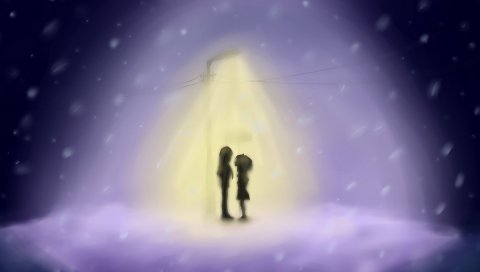Рисунок, девушка, мальчик, фонарь, свет, снег, хлопья, зима