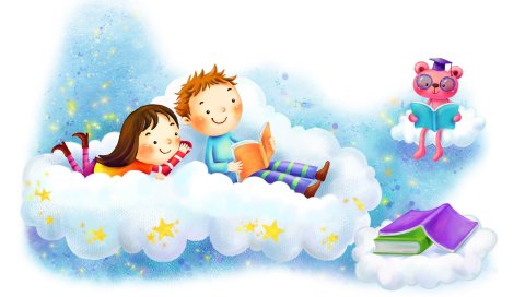 Рисунок, девушка, мальчик, облака, фантазия, книги, звезды, улыбки