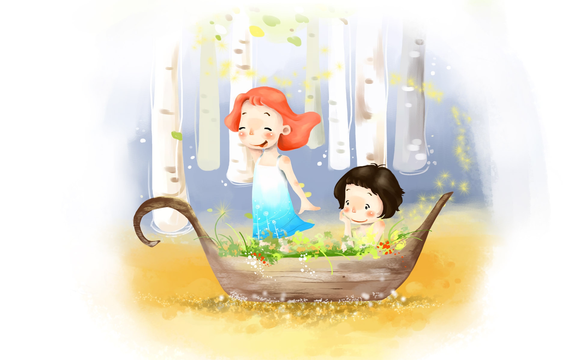 Картинки Рисунок, девушка, мальчик, лодка, цветы, береза, ветер, платье, детство, радость фото и обои на рабочий стол