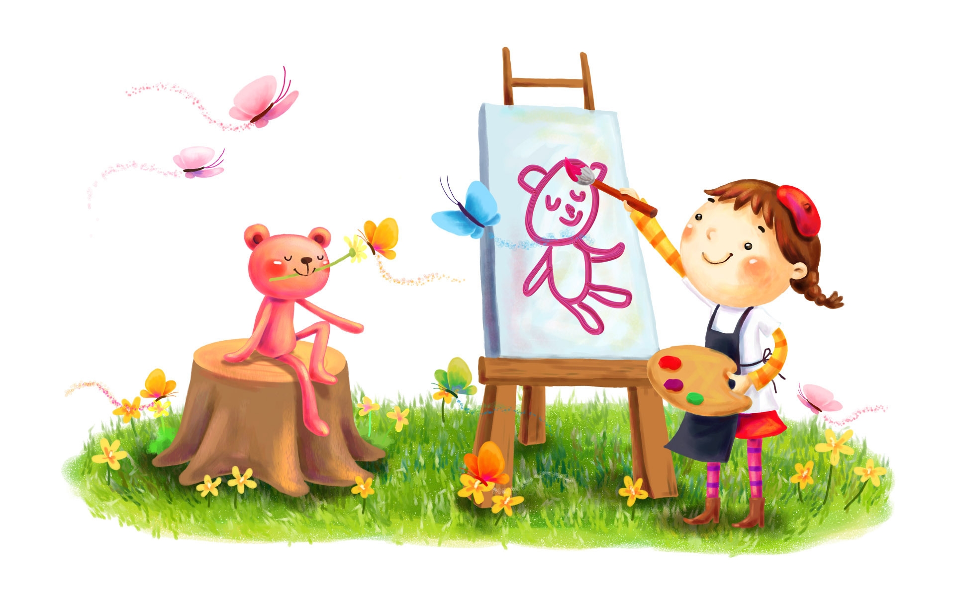 Картинки Девушка, животное, улыбка, рисунок, краска, кисть, бабочка, трава, лето, цветы фото и обои на рабочий стол